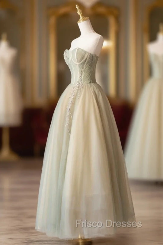 Cute Tulle Tea Length Formal Prom Dress, Green A-Line Strapless Evening Party Dress
