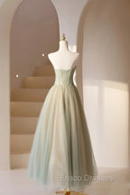 Cute Tulle Tea Length Formal Prom Dress, Green A-Line Strapless Evening Party Dress