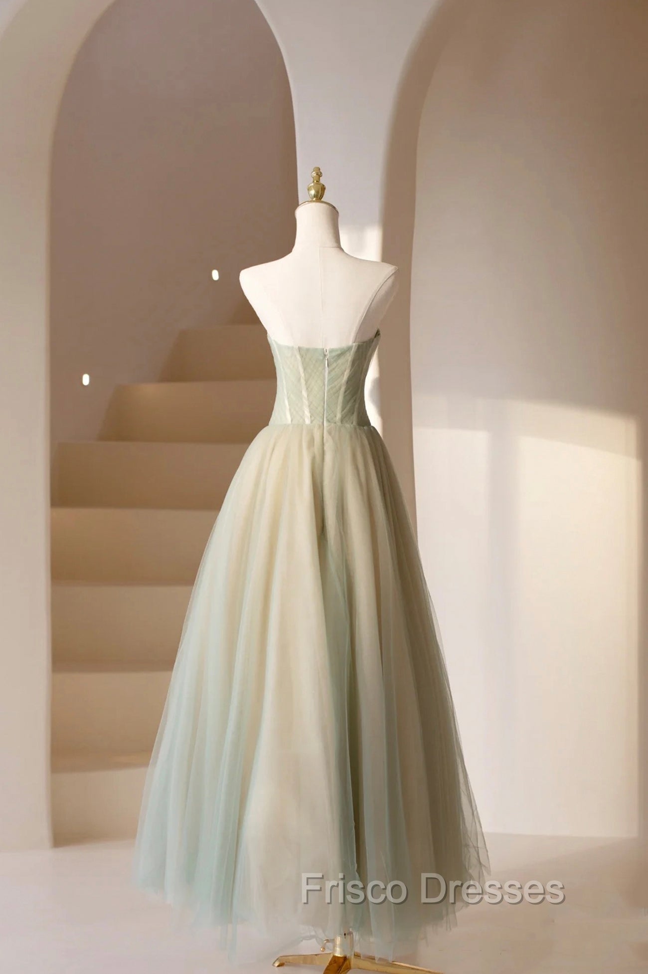 Cute Tulle Tea Length Formal Prom Dress, Green A-Line Strapless Evening Party Dress