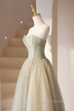 Cute Tulle Tea Length Formal Prom Dress, Green A-Line Strapless Evening Party Dress