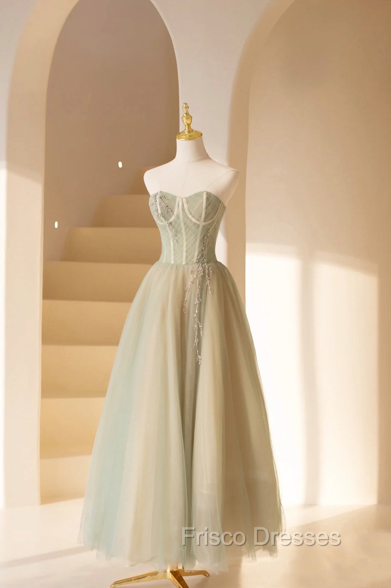 Cute Tulle Tea Length Formal Prom Dress, Green A-Line Strapless Evening Party Dress