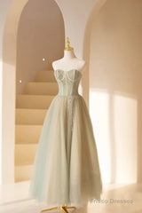 Cute Tulle Tea Length Prom Dress, Green A-Line Strapless Evening Party Dress