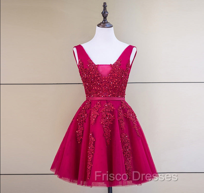 Cute Tulle V-neckline Beaded Short Formal Prom Dress, Homecoming Dress 2026