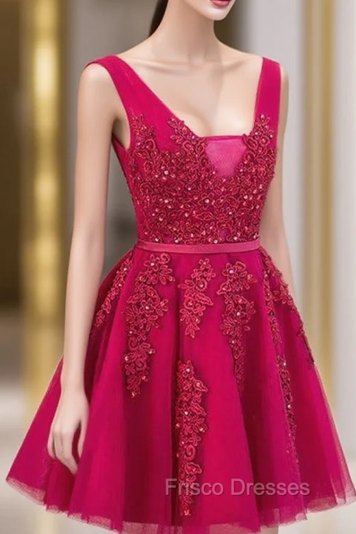 Cute Tulle V-neckline Beaded Short Formal Prom Dress, Homecoming Dress 2026