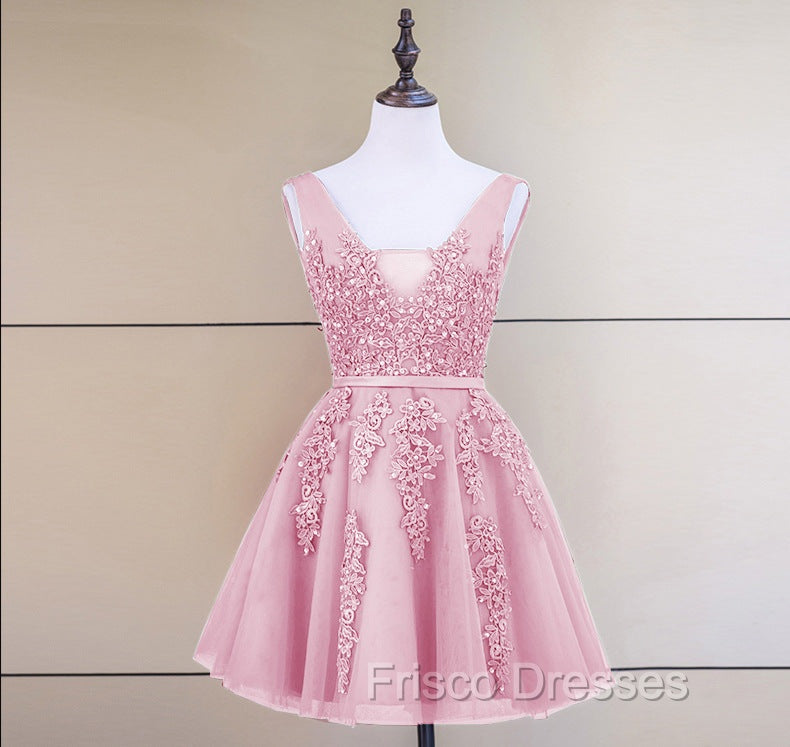 Cute Tulle V-neckline Beaded Short Formal Prom Dress, Homecoming Dress 2026