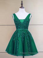 Cute Tulle V-neckline Beaded Short Formal Prom Dress, Homecoming Dress 2026
