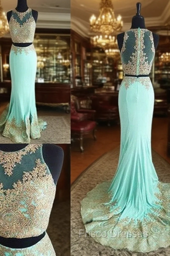 Cute Two Pieces Green Lace Mermaid Long Formal Prom Dress, Evening Dress Main image