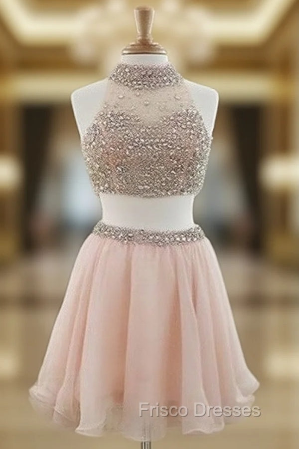 Cute Two Pieces Sequin Short Formal Prom Dress, Cute Pink Homecoming Dress