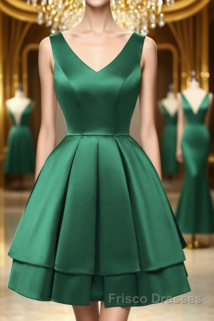 Cute V Neck and V Back Layered Green Short Formal Prom Dresses, Short Green Homecoming Dresses, Green Formal Evening Dresses Main image