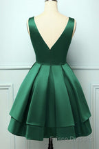 Cute V Neck and V Back Layered Green Short Formal Prom Dresses, Short Green Homecoming Dresses, Green Formal Evening Dresses