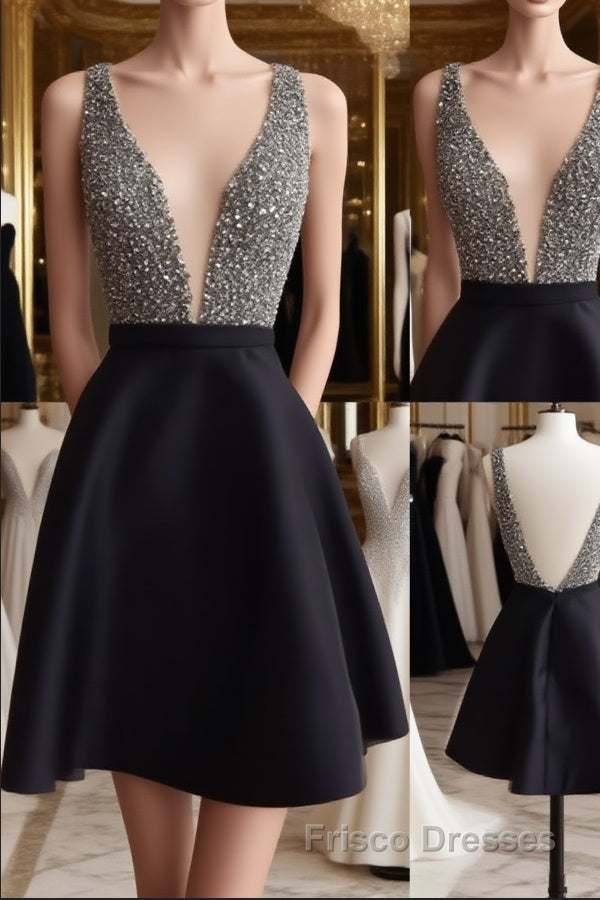 Cute V Neck And V Back Sequin Short Black Formal Prom Dresses, Cute Short Black Homecoming Dresses Main image