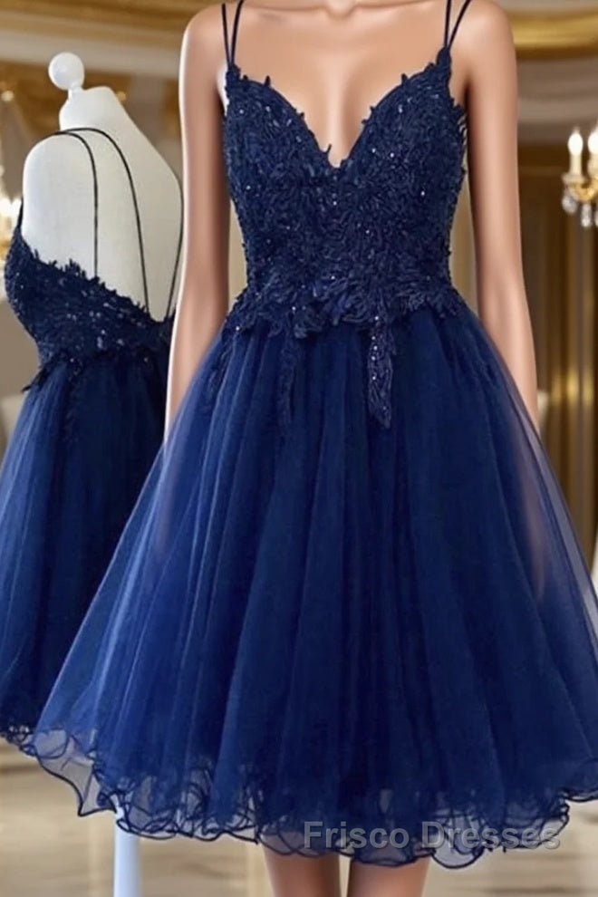 Cute V Neck Backless Blue Lace Short Formal Prom Dresses, Blue Lace Homecoming Dresses, Blue Formal Evening Dresses