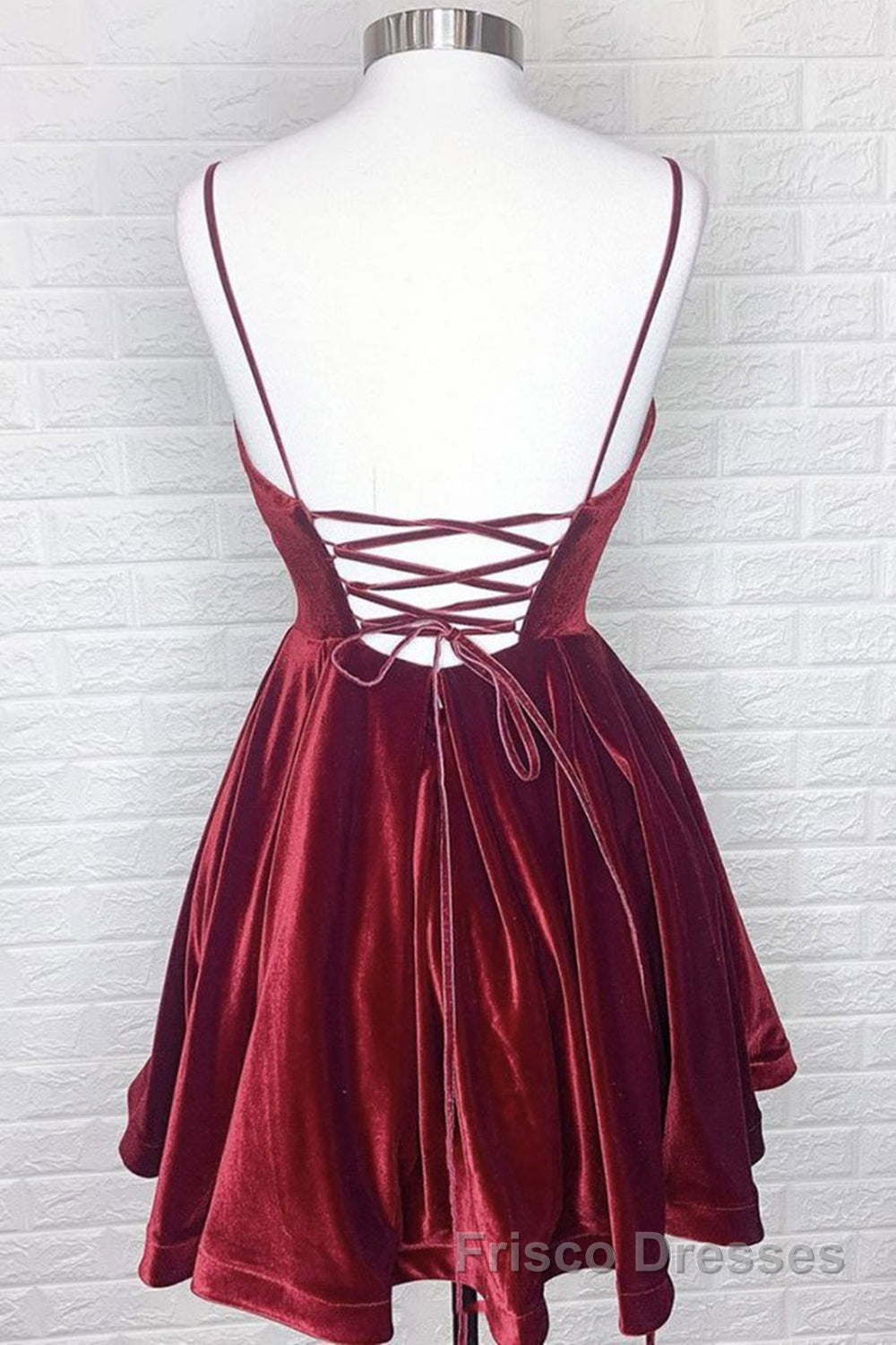 Cute V Neck Backless Burgundy Velvet Short Formal Prom Homecoming Dresses, Backless Maroon Formal Graduation Evening Dresses Secondary image