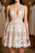 Cute V Neck Backless Pink Lace Appliques Short Formal Prom Dresses, Pink Lace Formal Graduation Homecoming Dresses