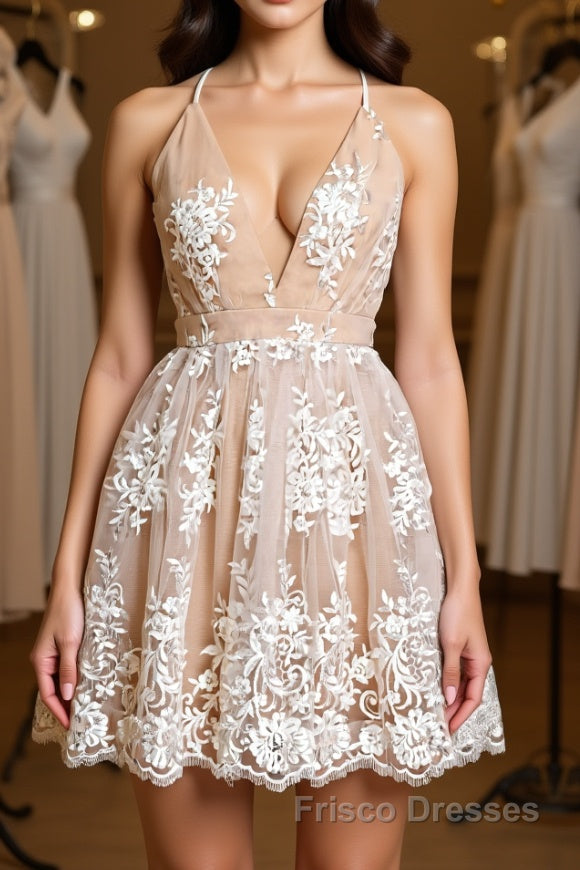 Cute V Neck Backless Pink Lace Appliques Short Formal Prom Dresses, Pink Lace Formal Graduation Homecoming Dresses