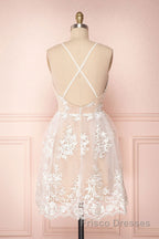 Cute V Neck Backless Pink Lace Appliques Short Formal Prom Dresses, Pink Lace Formal Graduation Homecoming Dresses