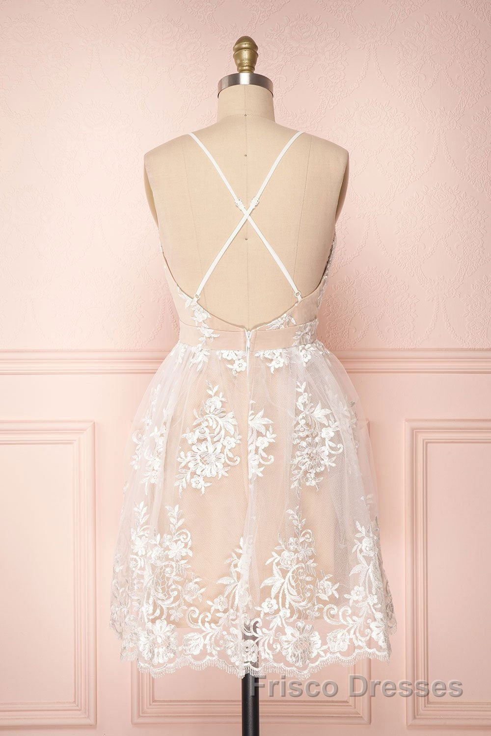 Cute V Neck Backless Pink Lace Appliques Short Formal Prom Dresses, Pink Lace Formal Graduation Homecoming Dresses