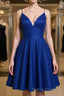 Cute V Neck Backless Short Royal Blue Formal Prom Dresses with Straps, Backless Royal Blue Formal Graduation Homecoming Dresses