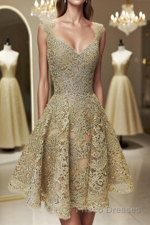 Cute V Neck Golden Lace Short Formal Prom Dresses, Golden Lace Homecoming Dresses, Golden Formal Evening Dresses