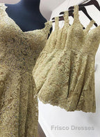 Cute V Neck Golden Lace Short Formal Prom Dresses, Golden Lace Homecoming Dresses, Golden Formal Evening Dresses