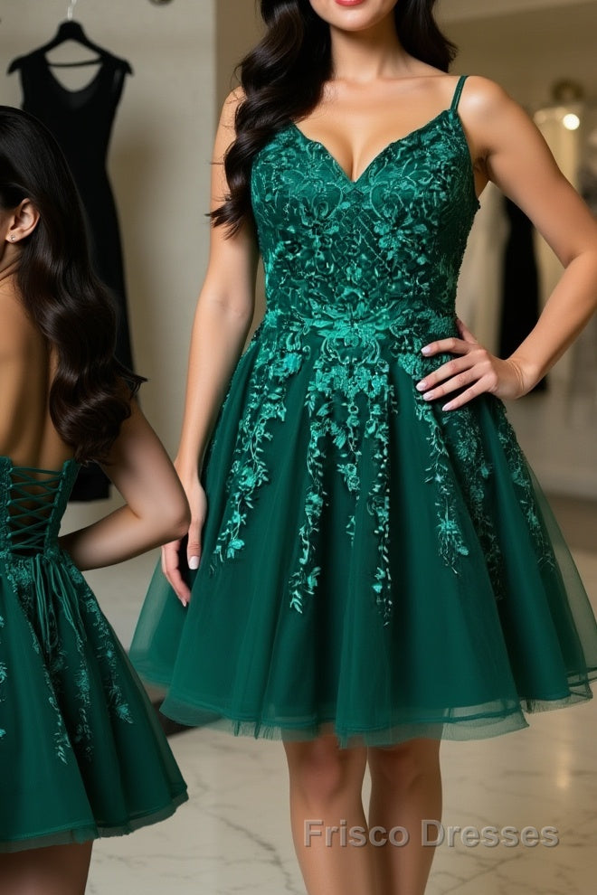 Cute V Neck Green Lace Short Formal Prom Homecoming Dresses, Green Lace Formal Dresses, Green Evening Dresses Main image