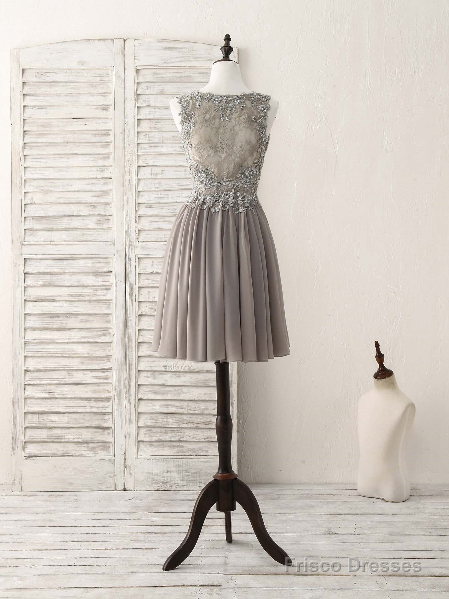 Cute V Neck Lace Chiffon Gray Short Prom Dress Gray Homecoming Dress Main image