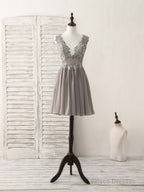 Cute V Neck Lace Chiffon Gray Short Prom Dress Gray Homecoming Dress