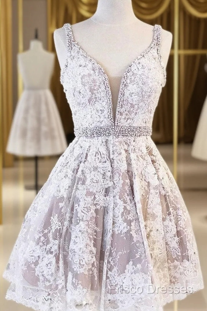 Cute V Neck Lace Short Formal Prom Dress Lace Homecoming Dress Main image
