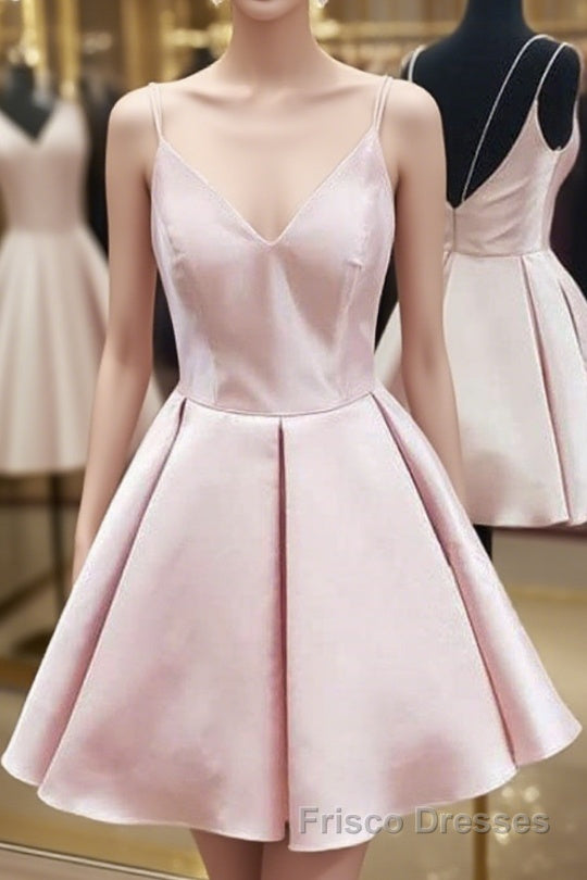 Cute V Neck Open Back Pink Short Formal Prom Dresses, Backless Pink Homecoming Dresses, Short Pink Formal Evening Dresses