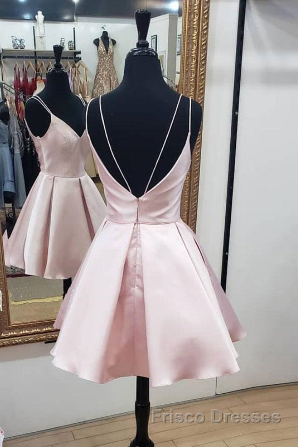 Cute V Neck Open Back Pink Short Formal Prom Dresses, Backless Pink Homecoming Dresses, Short Pink Formal Evening Dresses Secondary image