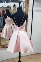 Cute V Neck Open Back Pink Short Formal Prom Dresses, Backless Pink Homecoming Dresses, Short Pink Formal Evening Dresses