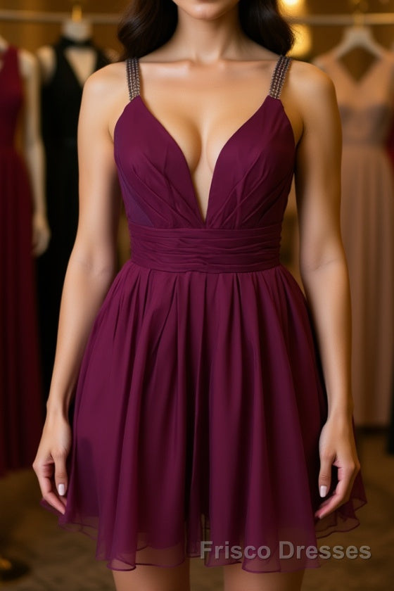 Cute V Neck Purple Chiffon Short Formal Prom Dresses Homecoming Dresses, V Neck Purple Formal Dresses, Purple Evening Dresses Cocktail Dresses Main image