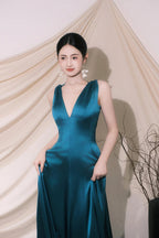 Cute V-Neck Satin Long Prom Dress, Blue A-Line Low Back Evening Party Dress