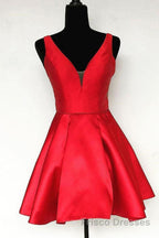 Cute V Neck Satin Short Formal Prom Dresses, V Neck Homecoming Dresses, Formal Evening Dresses