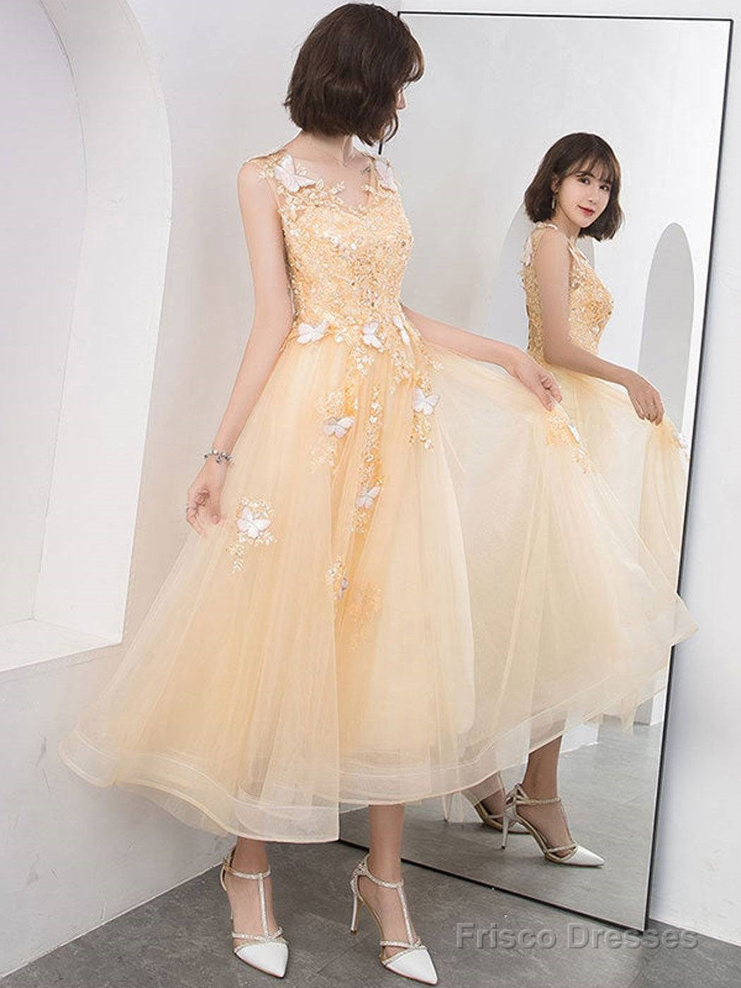 Cute V Neck Tulle Lace Tea Length Prom Dress, Champagne Lace Evening Dress Main image