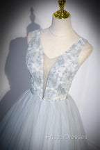 Cute V-Neck Tulle Long Formal Prom Dress, Gray Evening Dress Party Dress