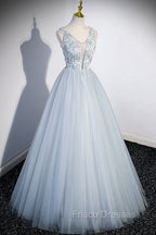 Cute V-Neck Tulle Long Formal Prom Dress, Gray Evening Dress Party Dress