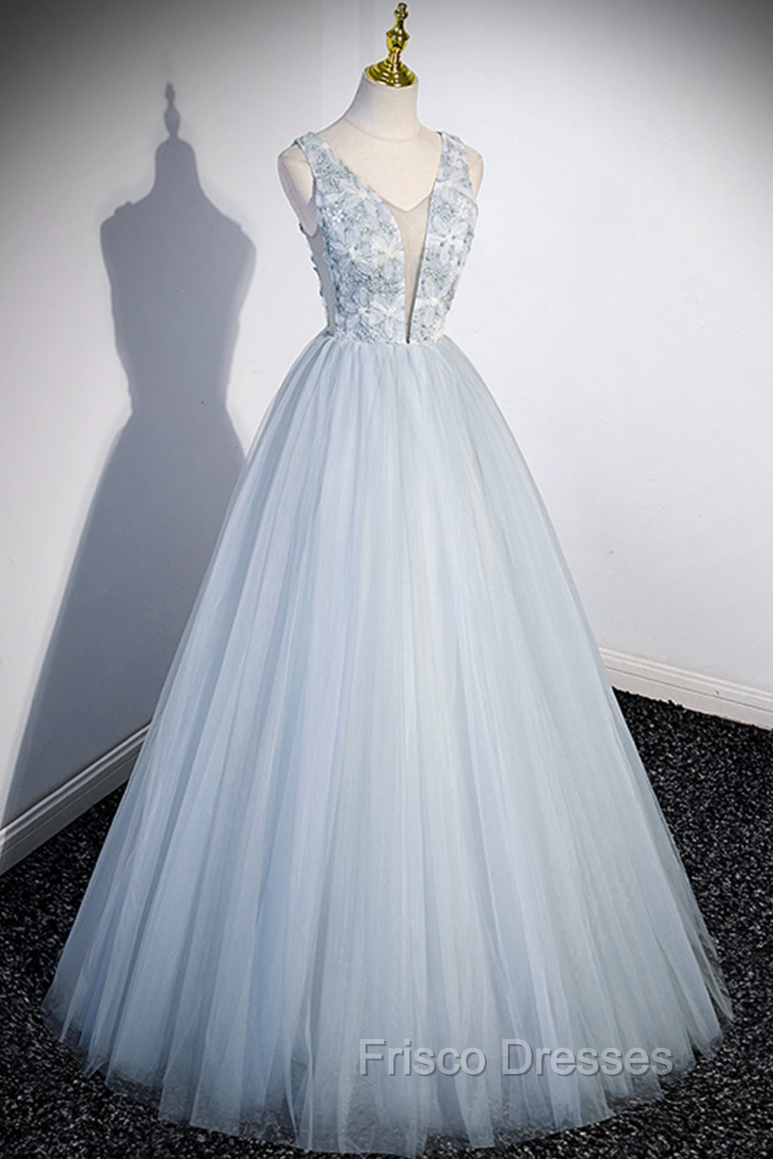 Cute V-Neck Tulle Long Formal Prom Dress, Gray Evening Dress Party Dress