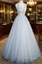 Cute V-Neck Tulle Long Formal Prom Dress, Gray Evening Dress Party Dress
