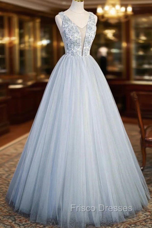Cute V-Neck Tulle Long Formal Prom Dress, Gray Evening Dress Party Dress