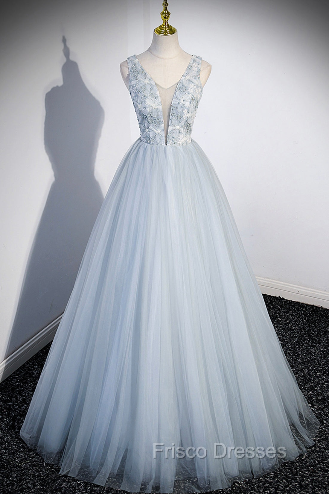 Cute V-Neck Tulle Long Formal Prom Dress, Gray Evening Dress Party Dress Main image