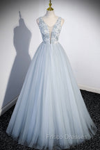 Cute V-Neck Tulle Long Formal Prom Dress, Gray Evening Dress Party Dress