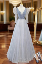 Cute V-Neck Tulle Long Formal Prom Dress with Beaded, A-Line Long Sleeve Evening Dress