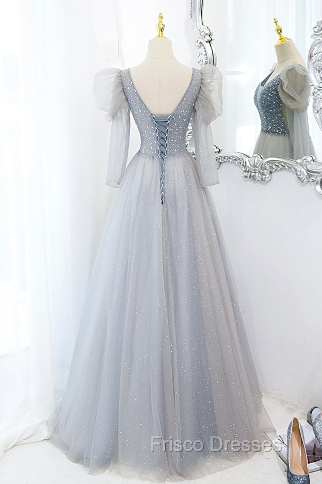 Cute V-Neck Tulle Long Formal Prom Dress with Beaded, A-Line Long Sleeve Evening Dress