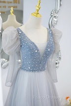Cute V-Neck Tulle Long Formal Prom Dress with Beaded, A-Line Long Sleeve Evening Dress