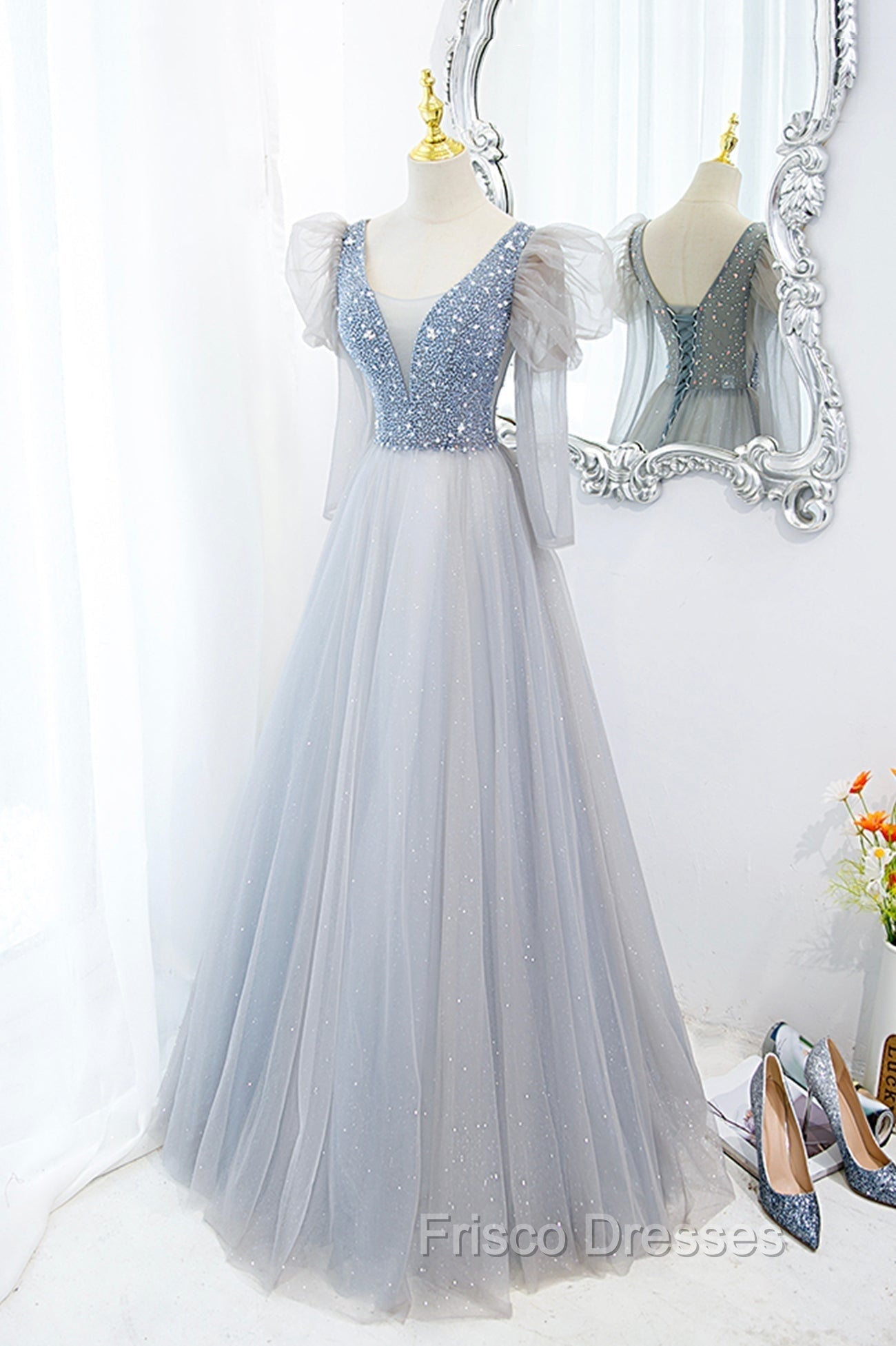 Cute V-Neck Tulle Long Formal Prom Dress with Beaded, A-Line Long Sleeve Evening Dress Secondary image