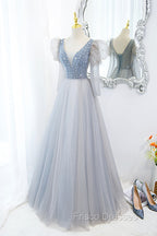 Cute V-Neck Tulle Long Formal Prom Dress with Beaded, A-Line Long Sleeve Evening Dress