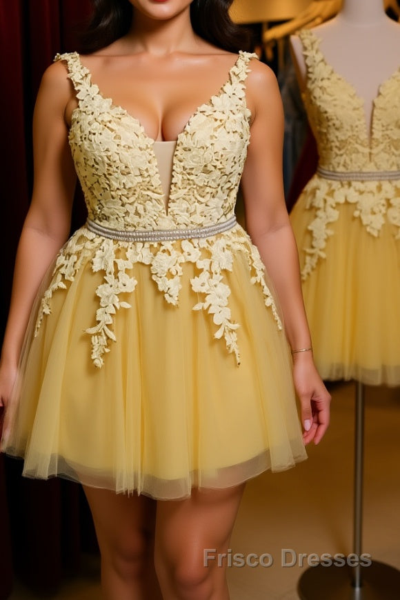 Cute V Neck Yellow Lace Short Formal Prom Dresses with Belt, Yellow Lace Homecoming Dresses, Short Yellow Formal Evening Dresses