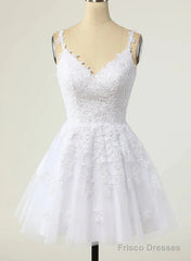 Cute V-Neckline White Tulle With Lace Graduation Dress, White Short Party Dress