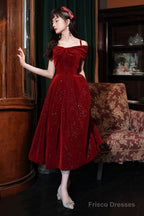 Cute Velvet Short A-Line Prom Dress, Burgundy Off The Shoulder Party Dress